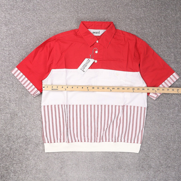 VTG 80s 90s Award Deadstock Medium Red White Striped Short Sleeve Collared Shirt - Picture 4 of 9